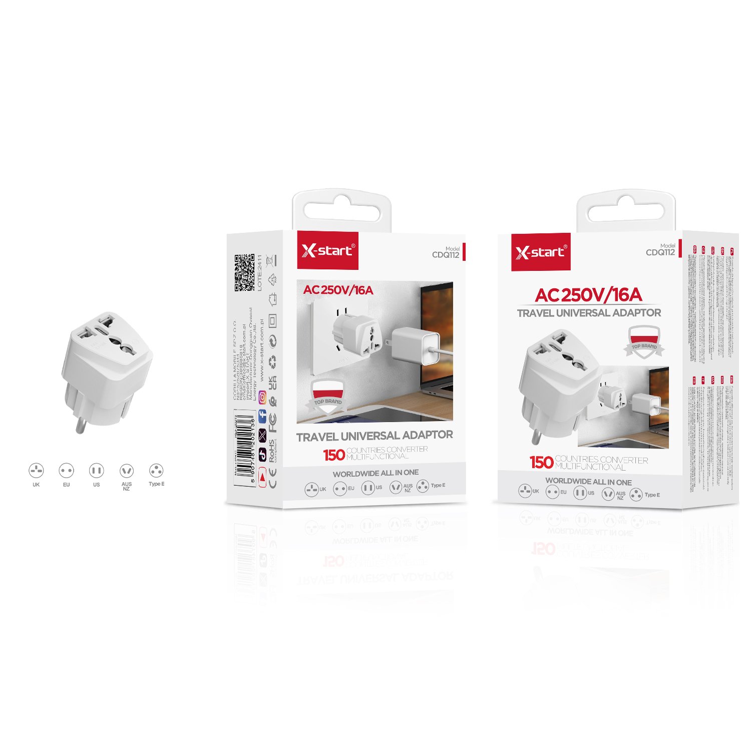 20213 CDQ112 多功能充电器White 16A EU Multi-Function Charger, 110V-250V, supports five plug types including UK/EU/US/NZ/TYPE-E, suitable for over 150 countries and regions worldwide, uses ABS fire-retardant she - Image 1