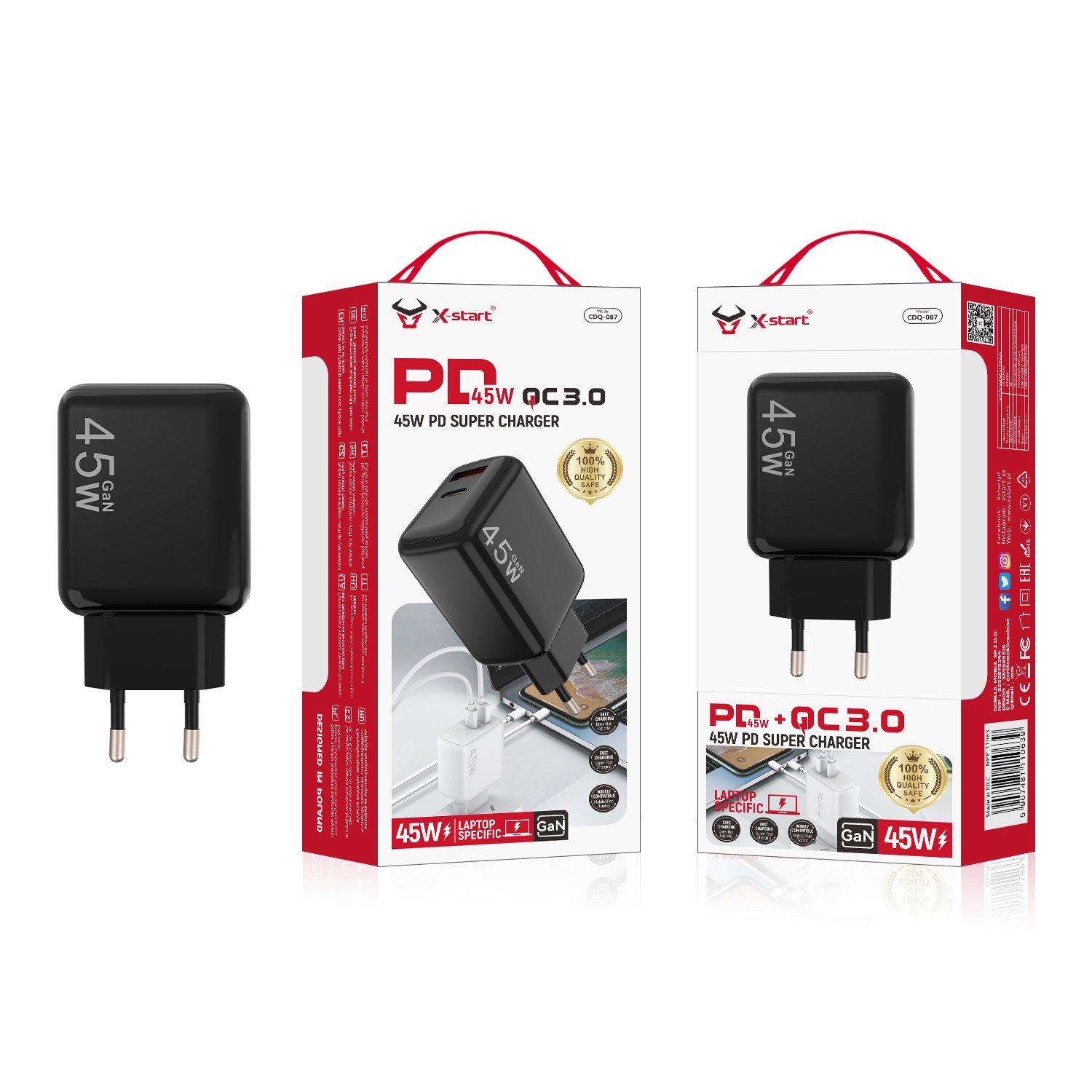 20255 CDQ087 快速充电器 Black 45W GaN Fast Charger 100V~240V 2x (USB-A + USB-C) ABS Fire-retardant Shell - Image 1