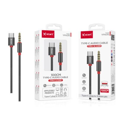 YPX015 编织音频线Black Braided Audio Cable, 1 meter long, USB-C to 3.5mm male connector, four-pin connector, braided outer sheath