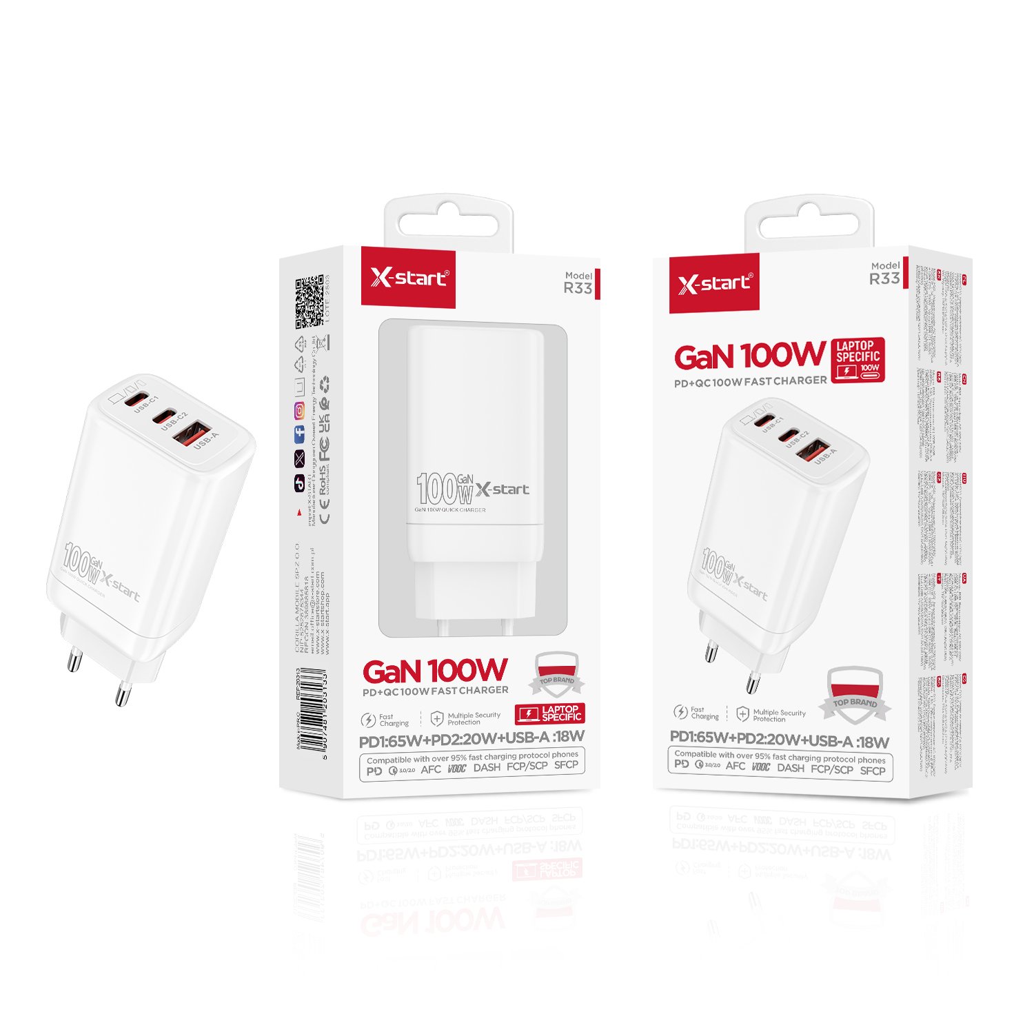 20313 R33 快速充电器 White GaN 100W EU Fast Charger (3x USB-A + 2x USB-C) C1 Supports 45W Laptop Charging PC Fire-Resistant Case - Image 1
