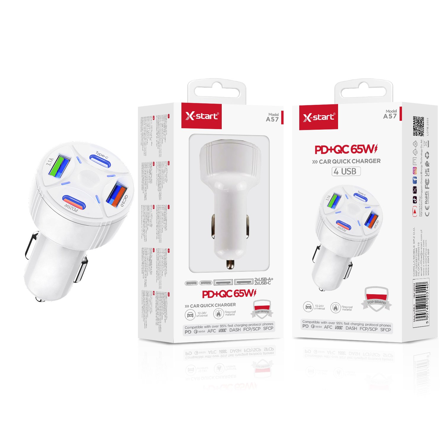 20314 A57 车载快充充电器White Car Fast Charger 65W 4x (2x USB-A + 2x USB-C) 12V~24V ABS Fireproof Shell, No Cable - Image 1
