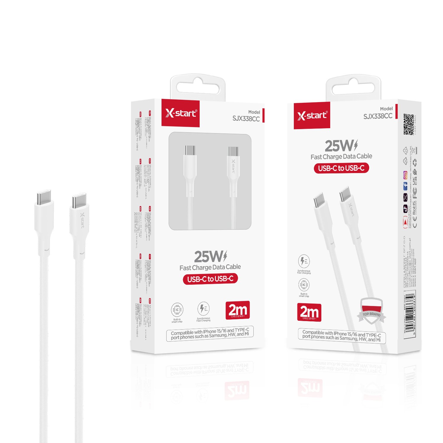 20337 SJX338CC 快充数据线White 25W Fast Charging Data Cable 2M USB-C to USB-C PVC Sheath - Image 1