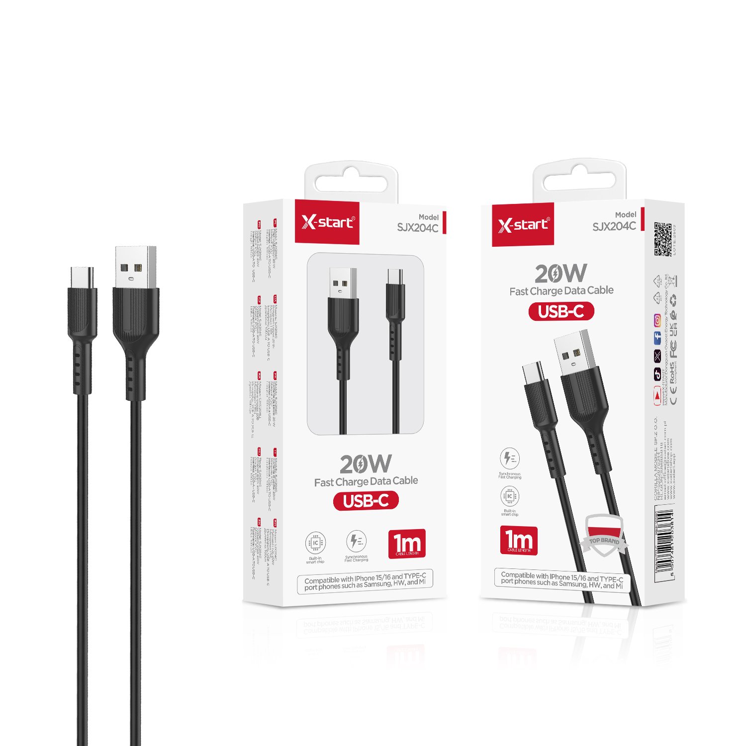20361 SJX204C 快充数据线Black 20W Fast Charging Data Cable, 1M Length, USB-A to USB-C, PVC Outer Sheath - Image 1