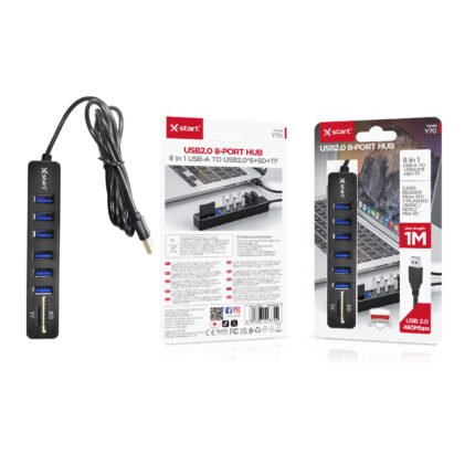 Y70 八合一拓展坞Black USB 2.0 8-in-1 Dock, 1-meter cable, 6 USB ports + SD card + TF card, 480Mbps, ABS shell