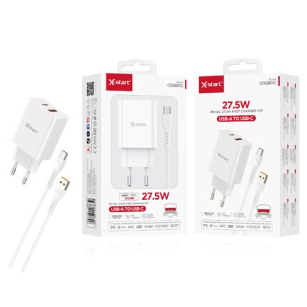 CDQ081C 快充套装 White 27.5W EU Fast Charging Kit, 1M Cable, 2x (USB-A + USB-C), with (USB-A to USB-C) Cable, ABS Fire-Retardant Shell.