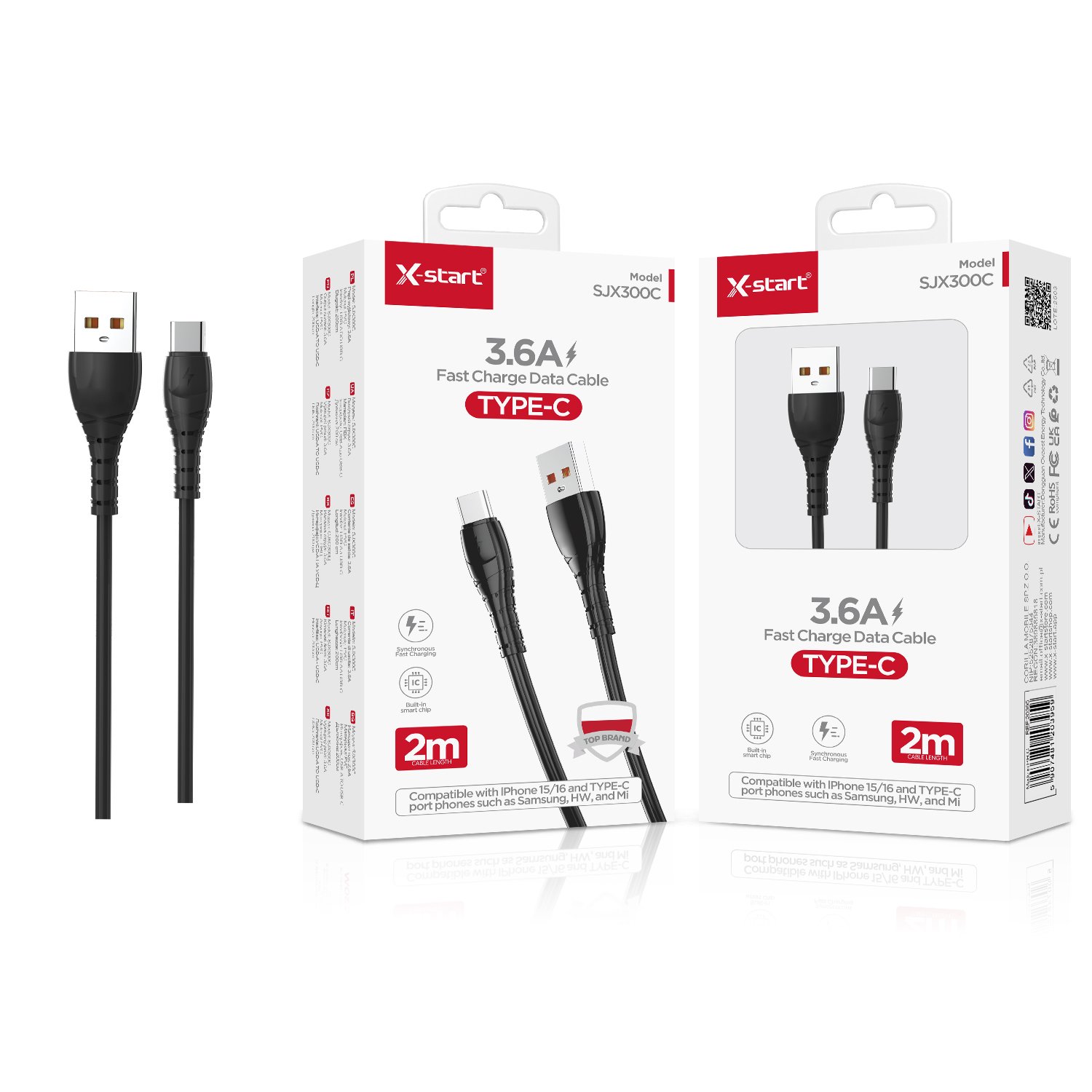 20395 SJX300C 快充数据线Black 3.6A Fast Charging Data Cable, 2M Length, USB-A to USB-C, PVC sheath - Image 1