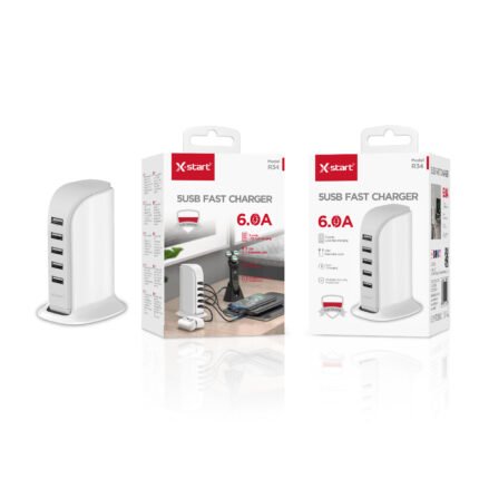 R34  帆船多口桌面充电器White 6.0A Sailboat Multi-Port Desktop Charger, 1.5M Cable, 5xUSB-A, 110V～240V, 50/60Hz, ABS Shell